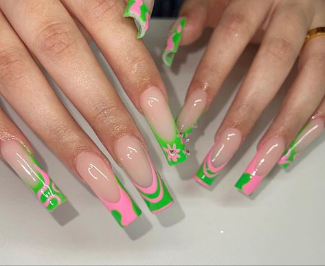 Cute Square Nails, Design Square Nails, Amazing Nail Art, Neon Green Nails, Retro Nails, Spring Acrylic Nails, Punk Nails, Vintage Nails, Cherry Nails