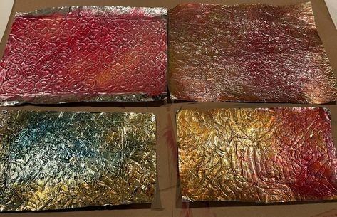 Painting Metal Art Wall Hangings, Art With Aluminum Foil, Painting On Tin Foil, Painting On Aluminum Foil, Aluminum Foil Art Diy, Foil Relief Art, Painting On Foil, Punk Crafts, Foil Crafts