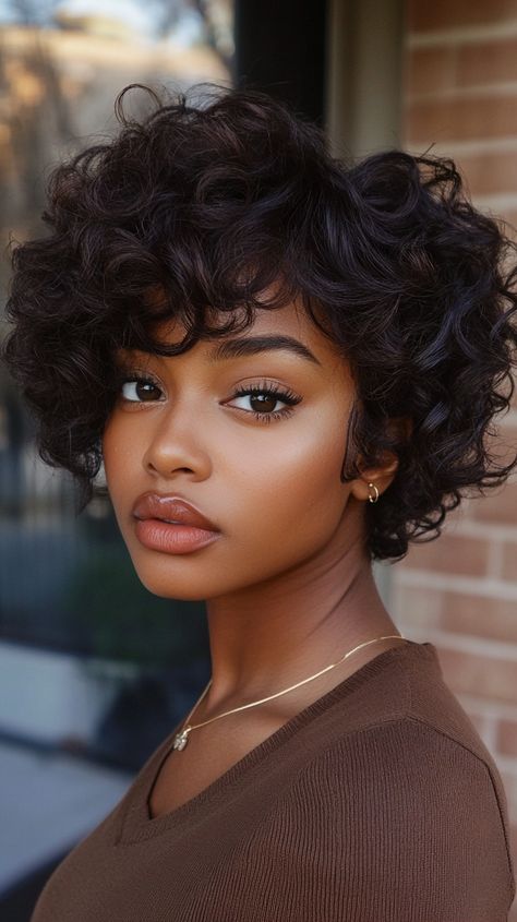 👱 Ethereal Curly Pixie Haircuts Short Haircuts for Black Women Harmony Must-See 🍂 Curly Pixie Black Women, Short Curly Hair For Black Women, Black Woman Pixie Cuts, Curly Bob For Black Women, Short Hair Styles For Black Women, Black Girls With Short Hair, Curls Inspiration, Feminine Short Hair, Short Wigs For Black Women