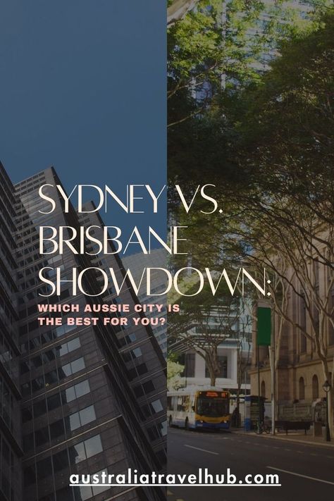 Split image showing urban scenes of Sydney and Brisbane with text overlay, 'Sydney vs. Brisbane Showdown: Which Aussie City is the Best for You?' australiaTravelHub.com. Keywords: Sydney or Brisbane. Things To Do In Sydney, Australia Itinerary, Visit Sydney, Australia Vacation, Australia Travel Guide, Brisbane City, Visit Australia, Which Is Better, Eco Friendly Travel