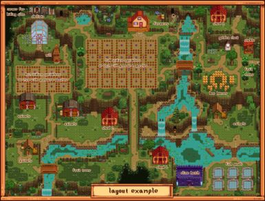 Sunflower Acres at Stardew Valley Nexus - Mods and community Farm Map, Stardew Mods, Stardew Farms, Stardew Valley Layout, Stardew Valley Tips, Stardew Valley Fanart, Cave System, Black Tree, New Farm