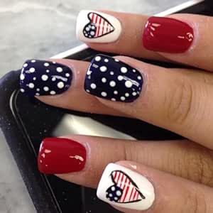 24 Pcs 4th of July Red Press on Nails Short Square - YEFIUO Blue Fake Nails Press ons Nail Art Tip Stick Glue on Nails Full Cover Artificial Acrylic False Nails with USA Flag Element Heart Design Kit Red White Blue Nails, Nails Paint, Patriotic Nails Design, Nails Short Square, Patriotic Nails, Blue Glitter Nails, Press On Nails Short, 4th Of July Nails, Blue Nail Art