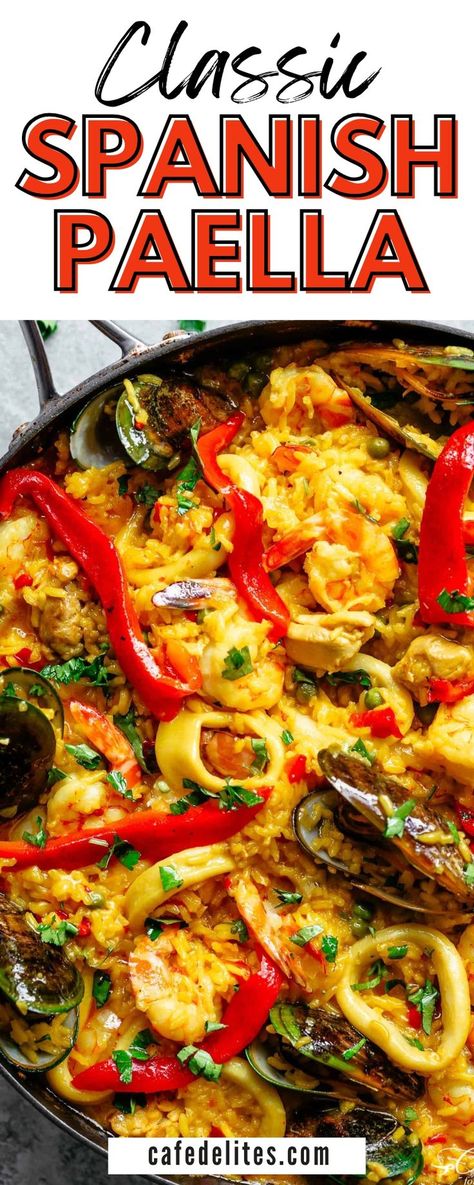 This Classic Spanish Paella rivals any restaurant paella. This is one of the most popular dishes to come out of Spain! Complete with the toasty, crispy, golden crust on the bottom (Soccarat) and amazing traditional flavours, our authentic recipe is versatile so you can easily alter the recipe to suit your own tastes! Traditional Spanish Paella Recipe, Best Paella Recipe, Spanish Paella Recipe, Mixed Seafood Recipe, Paella Recipe Seafood, Spanish Paella, Paella Valenciana, Popular Dishes, Paella Recipe