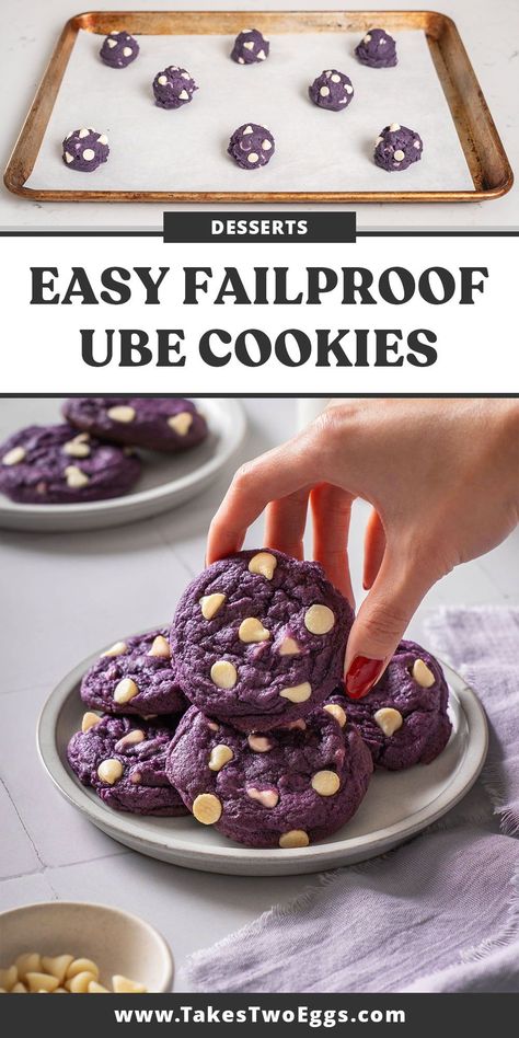 Soft, and chewy ube cookies feature sweet and nutty ube flavor and white chocolate chips. This Filipino fusion twist on a classic chocolate chip cookie is one you don’t want to miss! Ube Cookies Filipino Desserts, Ube Cookies Chocolate Chips, Easy Ube Dessert, Ube Coconut Cookies, Lavender Earl Grey Cookies, Ube Cookies Recipes, Ube White Chocolate Chip Cookie, Ube Recipes Filipino Desserts, Ube Cookie Recipe