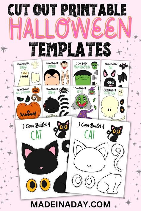 Keep the kids busy with these Halloween cut out printable craft Templates! Color, cut and paste these fun Halloween characters together for play or decorations!cut out printable halloween crafts, cut out crafts, cut and paste halloween, cut and paste halloween worksheets Cute Pumpkin Faces, Halloween Cut Outs, Printable Craft Templates, Halloween Worksheets, Craft Templates, Halloween Characters, Halloween Templates, Halloween Pins, Printable Halloween