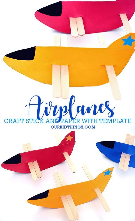 Paper and Craft Stick Airplanes #kidscraft #kidcrafts #airplanecraft #printable Airplane Craft Kindergarten, Airplane Craft, Transportation Theme Preschool, Plane Crafts, Crafts Summer, Airplane Activities, Transportation For Kids, Airplane Crafts, Transportation Crafts