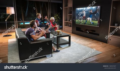 Group of fans are watching a soccer moment on the TV and celebrating a goal, sitting on the couch in the living room. The living room is made in 3D. #Ad , #Affiliate, #soccer#moment#TV#Group Watching Soccer, Hanging Tv On Wall, Sitting On The Couch, Tv Installation, Home Theater Tv, Tv Design, Presentation Design Template, Responsive Website Template, Fitness Logo