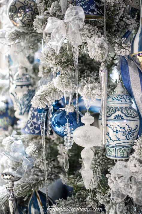 Christmas Tree Blue And White, Silver Christmas Tree Decor, Blue And Silver Christmas Tree, Bling Candle Holders, Blue And Silver Christmas, Bling Candles, Glam Christmas Decor, House To Home, Blue Christmas Decor