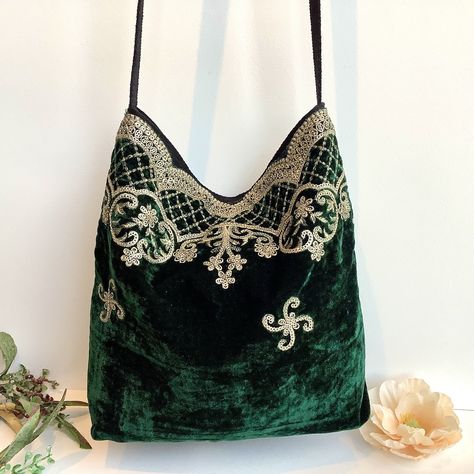 Luxury Green Bohemian Bags, Green Bohemian Pouch Shoulder Bag, Bohemian Green Bag With Floral Embroidery, Green Embroidered Bohemian Shoulder Bag, Bohemian Green Beaded Bag, Arm Sling, Slouchy Hobo Bag, Embroidered Velvet, Evening Purse