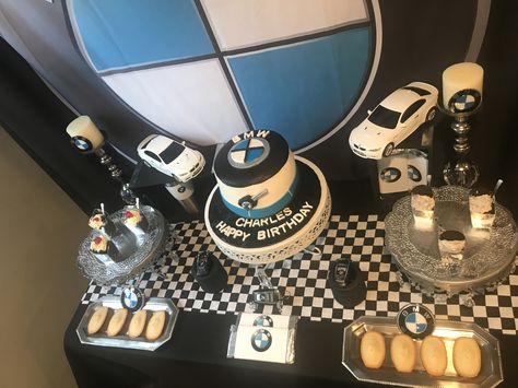 BMW cake table/ BMW birthday decoration Bmw Decorations Birthday, Bmw Themed Birthday Party, Bmw Birthday Party Ideas, Bmw Cake, Motorcycle Birthday Cakes, 19th Birthday Cakes, 12th Birthday Cake, Cars Birthday Cake, Car Themed Parties