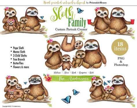 Customizable Cute Sloth Family Watercolor Clipart Portrait - Etsy Sloth Family, Family Watercolor, Watercolor Family, Sloth Life, Friends Clipart, Yard Ornaments, Kids Holiday, Baby Sloth, Red Cups