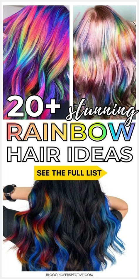 Get ready to unleash your creativity with these 20+ imaginative rainbow hairstyles. Featuring everything from multi-colored mermaid locks to hidden rainbow hair underneath, these styles redefine bright hair colors. Learn how to incorporate rainbow hair highlights seamlessly into your style. For all the fabulous looks and how-tos, check out these rainbow hair color ideas! Oil Slick Rainbow Hair, Rainbow Panel Hair, Glitter Streaks In Hair, Partial Vivid Hair, Wild Hair Color Ideas, Color Blocking Hair Ideas, Under Color Hair Ideas Blondes, Subtle Rainbow Hair, Vivid Hair Color Placement