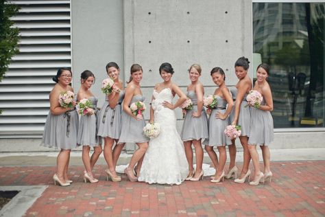 .. Summerour Studio Wedding, Light Grey Bridesmaid Dresses, Grey Bridesmaids, Grey Bridesmaid Dresses, Bridesmaid Dress Colors, La Wedding, Theme Color, Photo Couple, Chiffon Bridesmaid