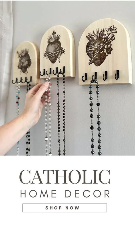 Family Rosary Hanger Holy Family Heart Rosary Holder Catholic Art Sacred Heart Rosary Hanger Wall Art Catholic Birthday Gift Rosary Pouch - Etsy Rosary Decor Wall Hangings, Rosary Display Ideas, Catholic Alters For Home, Christian Store Ideas, Catholic Crafts For Adults, Rosary Decor, Home Altar Catholic Beautiful, Rosary Hanger, Rosary Art