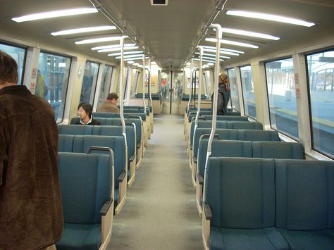 Interior of BART car by LA Wad, via Flickr Bart Train, Bay Area Rapid Transit, Picture Mix, Photoshoot Locations, Rapid Transit, Corporate Identity Design, Route Map, Vintage Memory, East Bay