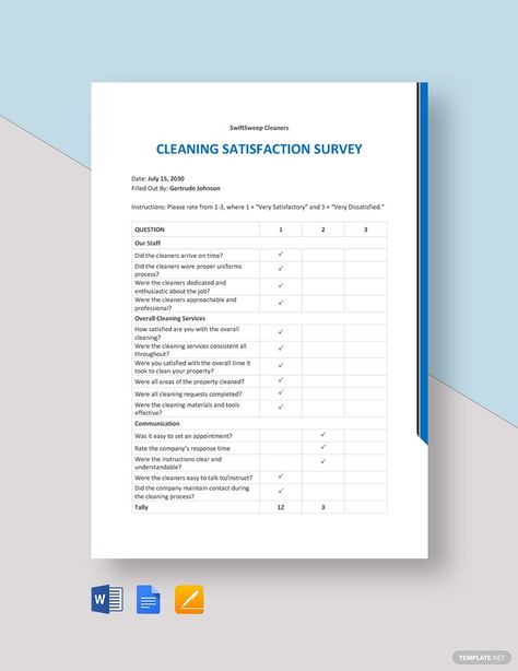 Free Cleaning Service Customer Satisfaction Survey Template Customer Satisfaction Survey Template, Survey Template, Cleaning Business, Workplace Safety, Google Docs, Templates Downloads, Word Template, Word Doc, Microsoft Word