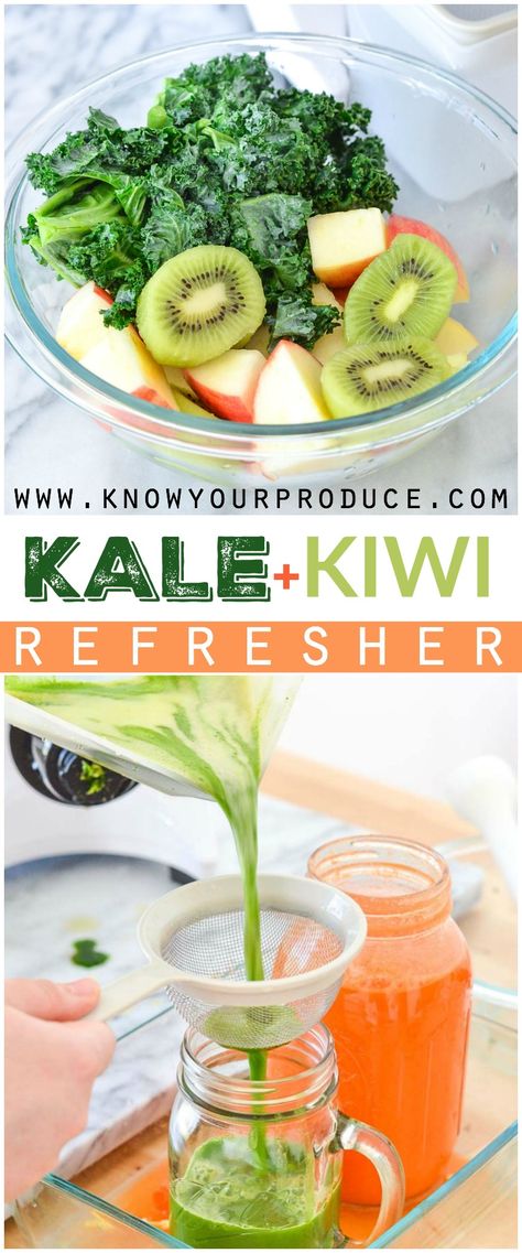 Kiwi Refresher, Refresher Recipes, Kiwi Recipe, Kale Juice Recipes, Salad Carrot, Cold Pressed Juice Recipes, Recipes Kale, Fruits Juice, Carrot Ginger Dressing