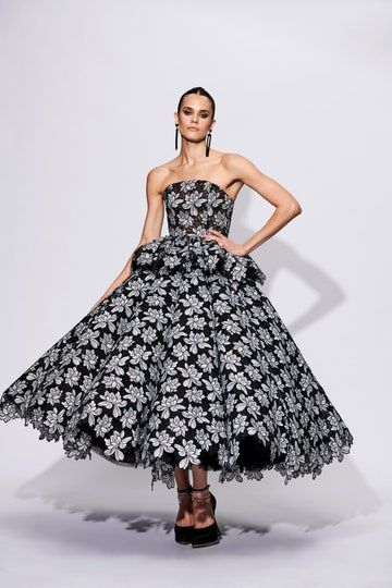 Pre Fall 2023, Lisa Manoban, Ball Skirt, Floral Peplum Top, Pre Fall Collection, Lace Peplum, Floral Peplum, Column Dress, Floral Tea