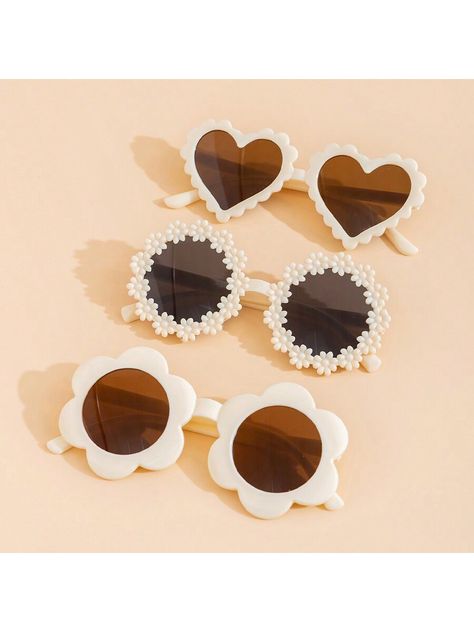 3pcs Different Styles Beige Sunglasses With Floral, Heart, And Daisy DesignsI discovered amazing products on SHEIN.com, come check them out! Beige Sunglasses, Beige Kids, Beige Fashion, Flower Sunglasses, Kids Glasses, Sash Belts, Floral Heart, Fashion Glasses, Tailored Dress