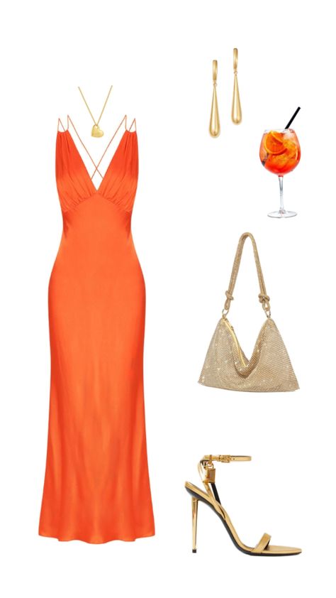 vacation night out outfit🧡 Night In Miami Outfit, Orange Slip Dress Outfit, Miami Nightlife Outfits, Resort Dinner Outfit Night, Cancun Outfits Night, Resort Dinner Outfit, Beach Night Outfit, Orange Slip Dress, Miami Outfits Night