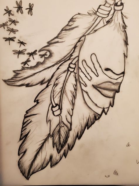 Feather tattoo, dragonfly original design Native American Dreamcatcher Tattoo Native American, Native Design Tattoos, Western Native Tattoos, Mmiw Tattoos For Women, Beaded Tattoo Designs, Navajo Drawings, Native Indian Tattoo Design, Native American Drawing Pencil Sketches, Ojibwe Tattoo