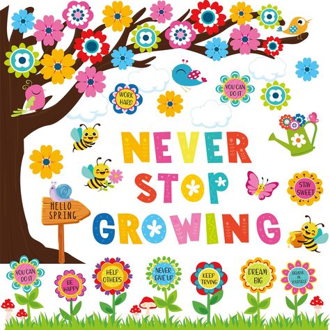 PRICES MAY VARY. Never Stop Growing Bulletin Board Set: the package includes one complete set of positive spring tree decorations for classroom with colorful fonts and motivational quotes, 90 pcs in total; We provide 6 sheets of adhesive dots as well; Enough quantity can make an inspiring classroom bulletin board display Colorful Flower Growth Mindset Design: our tree bulletin board decorations for classroom are designed with patterns like bees, rains, students, flower shaped leaves, and texts o Growing Bulletin Board, Spring Tree Decorations, Chalkboard Supplies, Decorations For Classroom, Bulletin Board Tree, Never Stop Growing, Positive Sayings, School Chalkboard, Bulletin Board Sets