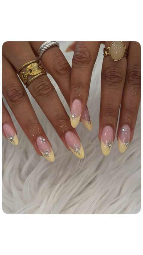 Stones On Nails, Yellow French Tips, Yellow French, French Tips, French Nails, Nail Designs, Nails, Stone, Yellow