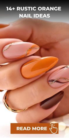 Orange Fall Nails Almond Shape, Rust Colour Nails, Orange Magnetic Nails, Orange Nails With Charms, Orange Inspired Nails, Copper Orange Nails, Orange Matte Nails Design, Fall Copper Nails, Fall 24 Nails