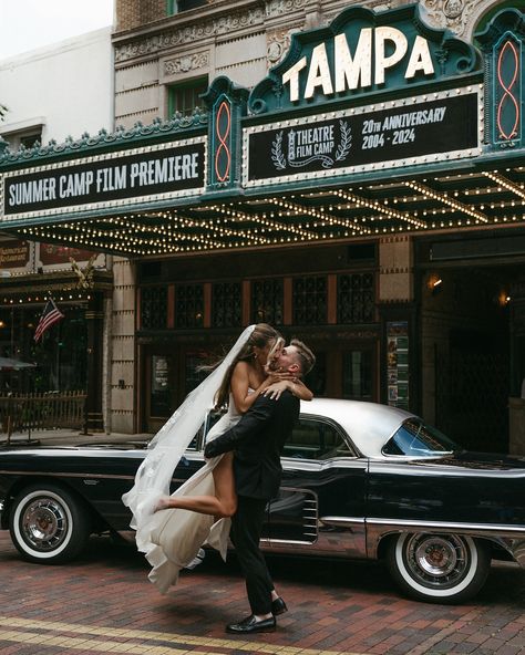 a vintage romance kind of love 🤍 • • • I had the best time running around the streets of Tampa with these two lovebirds after their intimate courthouse elopement. Including a classic car in your engagements or wedding portraits will always be a YES from me!! keywords: documentary photography, cinematic photography, visual poetry, storytelling, love, couples photoshoot, tampa elopement, travel photographer, couples inspo, romcom, movie scenes, tampa theater 🏷️ #floridaphotographer #tampaphot... Vintage Movie Theater Photoshoot, Old Movie Theater Photoshoot, Movie Theater Engagement Photos, Vintage Movie Theater, Vintage Romance, Courthouse Wedding, Cinematic Photography, Engagement Photo Inspiration, Documentary Photography