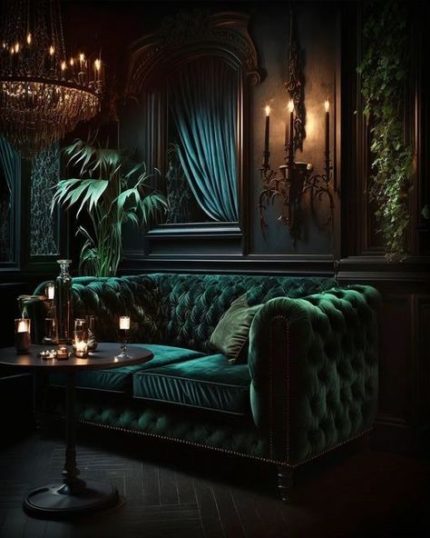 Dark Glam Interior Design, Gothic Home Interior Design, Speakeasy Lounge, Zigarren Lounges, Goth Interior, Slytherin Room, Dark Academia Interior, Speakeasy Decor, Whiskey Lounge