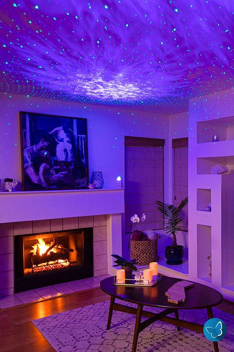 Mood Lighting Living Room, Sky Lite, Star Projector Light, Purple Living Room, Galaxy Projector, Fireplace Lighting, Bedroom Night Light, Living Room Partition, Room Partition