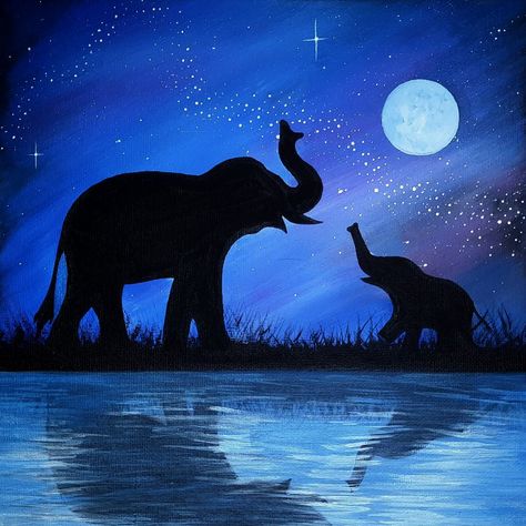 Elephants under a star filled night sky (acrylic painting) Night Time Painting Ideas, Elephant Silhouette Painting, Animal Silhouette Painting, Elephant Painting Canvas Acrylics, Elephant Painting Simple, Elephant Painting Ideas, Elephant Painting Acrylic Easy, Elephant Drawing Realistic, Elephant Drawing Cute