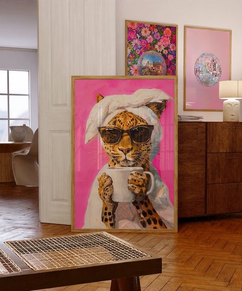 Maxamilist Art Prints, Anthro Home Decor, Mini Maximalist Decor, Big Art Over Bed, Wall Art Salon, Trendy Kitchen Art, Painting Ideas Room Decor, Leopard Print Art, Colorful Apartment Kitchen