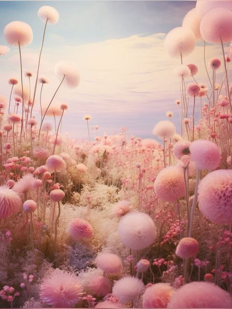 Surreal landscape with wildflowers Dreamscapes Aesthetic, Dreamy Background Aesthetic, Sitting Area Decor Ideas, Soft Surrealism, Pink Dreamy Aesthetic, Dreamy Surrealism, Sitting Area Decor, Surrealism Background, Dreamscape Aesthetic