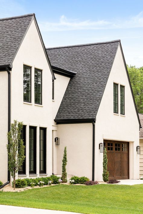 Black Shingles Roof Exterior Colors, White House Brown Roof, Cream House Exterior, Modern Ranch Exterior, White Stucco House, Creek Bridge, Bridge House, Shoji White, Brown Roof