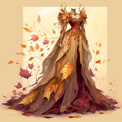 Autumn Fantasy Dress, Autumn Court Dress, Dress Fantasy Art, Fall Goddess, Ball Aesthetic, Female Outfits, Fantasy Dresses, Dress Drawing, Autumn Dress