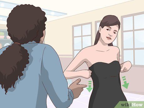 4 Ways to Keep a Strapless Dress Up - wikiHow Accessories For Strapless Dress, Cover Up For Strapless Dress, Necklaces For Strapless Dresses, Hairstyle For Tube Dress, Bandeau Dress Outfit, Strapless Dress Outfit, Short Black Dress Outfit, Casual Maxi Dress Outfit, 8th Grade Dance Dresses