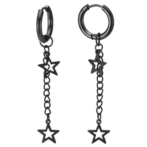 Mens Womens Black Steel Huggie Hinged Hoop Earrings with Dangling Long Chain and Two Open Stars - coolsteelandbeyond Alternative Earrings, Emo Jewelry, Package Jewelry, Grunge Jewelry, Mens Fashion Jewelry, Infinity Jewelry, Stylish Mens Fashion, Ear Stack, Black Jewelry