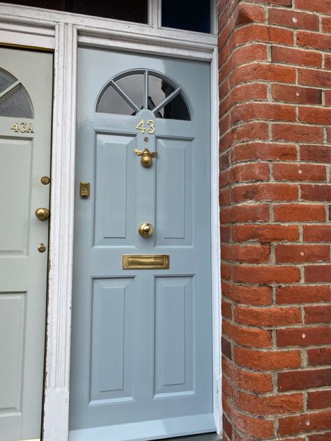 New front door, September 2020 Light Blue Front Door Brick House, Coloured Front Door Brick House, Light Blue Front Door Colors, Pale Blue Front Door, Light Blue Front Door, Painted Front Door Ideas, Light Blue Door, House Doors Colors, Victorian Front Doors