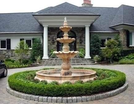 Driveway Roundabout, Circle Driveway Landscaping, Front Yard Fountain, Backyard Arizona, Fountain House, Yard Fountain, Circle Driveway, Driveway Entrance Landscaping, Landscaping With Fountains