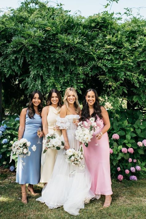 Clare and Jono — Maple and June Mismatched Bridesmaid Dresses Small Wedding Party, 3 Bridesmaids Pictures, Wildflower Bridesmaids, Small Bridal Party, Rainbow Bridesmaids, Fancy Garden, Maid Of Honor Dresses, Small Bridal Parties, Pastel Bridesmaids