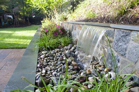 Water feature within a wall design in North Arlington, VA. Large Backyard Landscaping, Patio Design Ideas, Small Water Features, Backyard Garden Landscape, Patio Projects, Backyard Water Feature, Waterfalls Backyard, Arlington Va, Water Walls