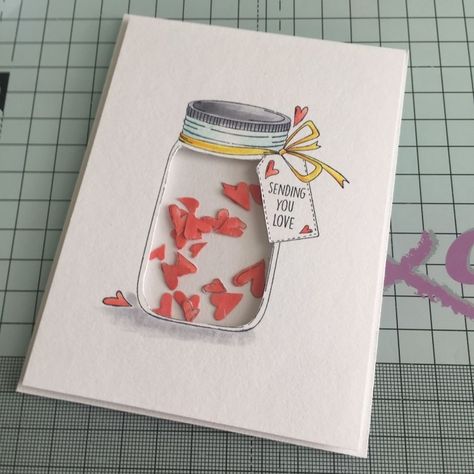 shaker card tutorial 7 Shaker Cards Tutorial, Diy Postcard, Mason Jar Cards, Jar Of Hearts, Hearts Card, Love Jar, Diy Valentines Cards, Valentine Cards Handmade, Creative Scrapbook