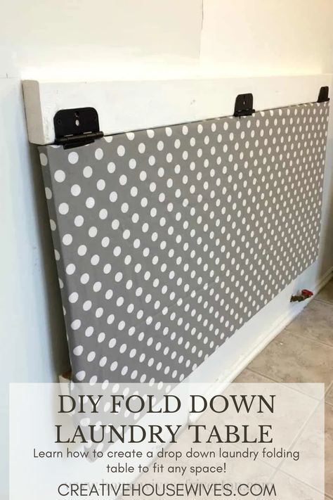 Create our fold down laundry table to add folding space without taking up a ton of space. Perfect for small laundry spaces. #diy #creativehousewives #chw #laundry #laundryroom #laundrydiy Folding Table Diy Laundry, Laundry Folding Station In Bedroom, Diy Fold Down Table Small Spaces, Diy Fold Down Laundry Table, Folding Table Small Laundry Room, Small Laundry Room With Folding Area, Folding Laundry Shelf, Small Laundry Folding Table, Laundry Folding Station Small Space