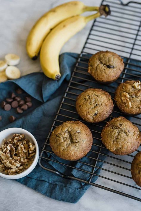 Banana Walnut Chocolate Chip Muffins Banana Muffins Photography, Baking Flatlay, Chocolate Chips Recipe, Atlanta Food, Muffins Recipes, Dessert Box, Chocolate Chip Bread, Banana Nut Muffins, Banana Walnut