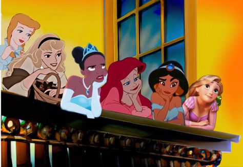 Ariel And Tiana Balcony, Rapunzel And Jasmine, Sleep Beauty, Tiana Princess, Jasmine Aladdin, Tangled Rapunzel, Disney Favorites, Disney Aesthetic, Aesthetic Cute