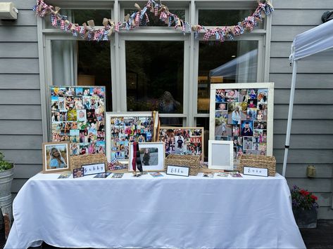 Picture Table Graduation Party, Senior Picture Wall Display Ideas, Grad Party Awards Display, Grad Party Photo Wall, Graduation Party Photo Display Ideas, Grad Party Photo Display, Grad Party Table Display, Graduate Ideas, Graduation Photo Displays