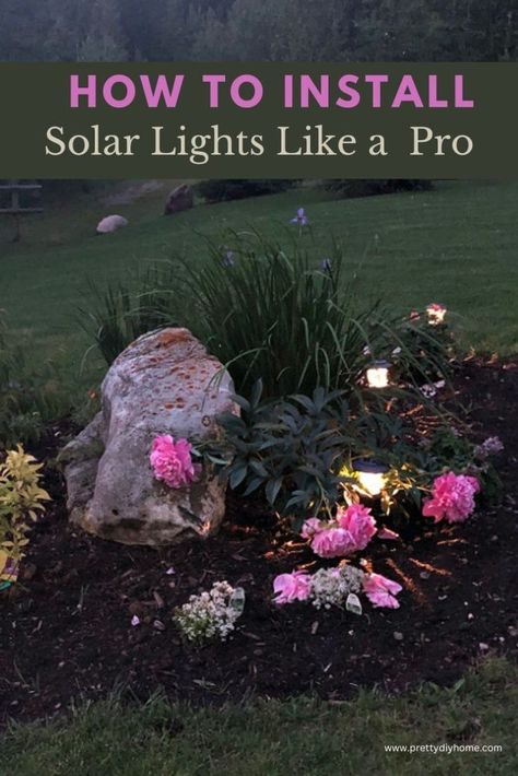 A large flower garden with solar lights. The picture is taken at dusk when the solar lights are just beginning to flow. Outdoor Yard Lighting Ideas, Solar Yard Lights Ideas, Solar Lights In Flower Bed, Solar Lights Ideas Outdoor Landscape, Flower Bed Lighting, Landscaping Ranch Style Homes, Outdoor Solar Lighting Ideas, Yard Solar Lights, Landscape Lighting Ideas Front Yards