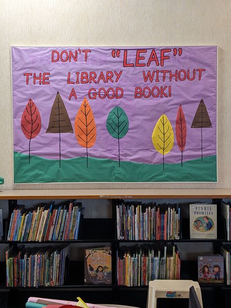 Autumn Library Bulletin Boards, Fall Into A Good Book Display, Autumn Library Displays, November Library Displays, Fall Library Bulletin Boards, Fall Library Displays, Bulletin Board Tree, Passive Programs, Library Bulletin Board