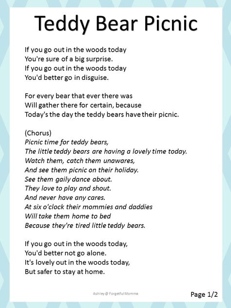 Kids in my Kitchen: teddy bear picnic Song Teddy Bear Picnic Ideas Preschool, Picnic Songs For Preschoolers, Teddy Bear Picnic Kindergarten, Picnic Songs For Toddlers, Teddy Bears Picnic Activities, Picnic Songs, Teddy Bear Picnic Ideas, Teddy Bear Picnic Song, Teddy Bear Picnic Activities